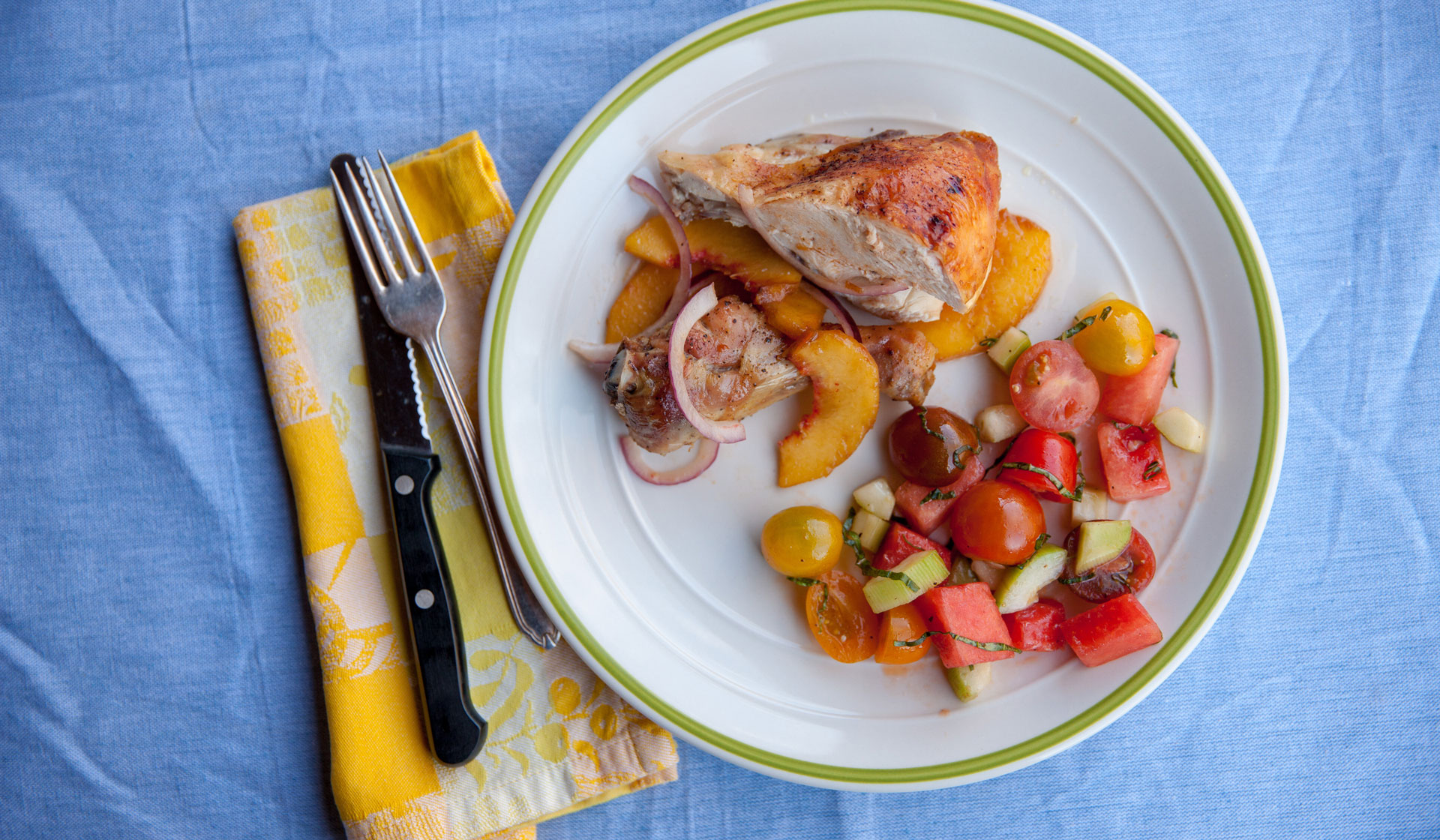 A mouth-watering plate of Grilled Chicken with Fresh Peaches is perfect for a summer dinner!