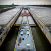 A view of the barges passing through the Melvin Price Locks on a dreary day.